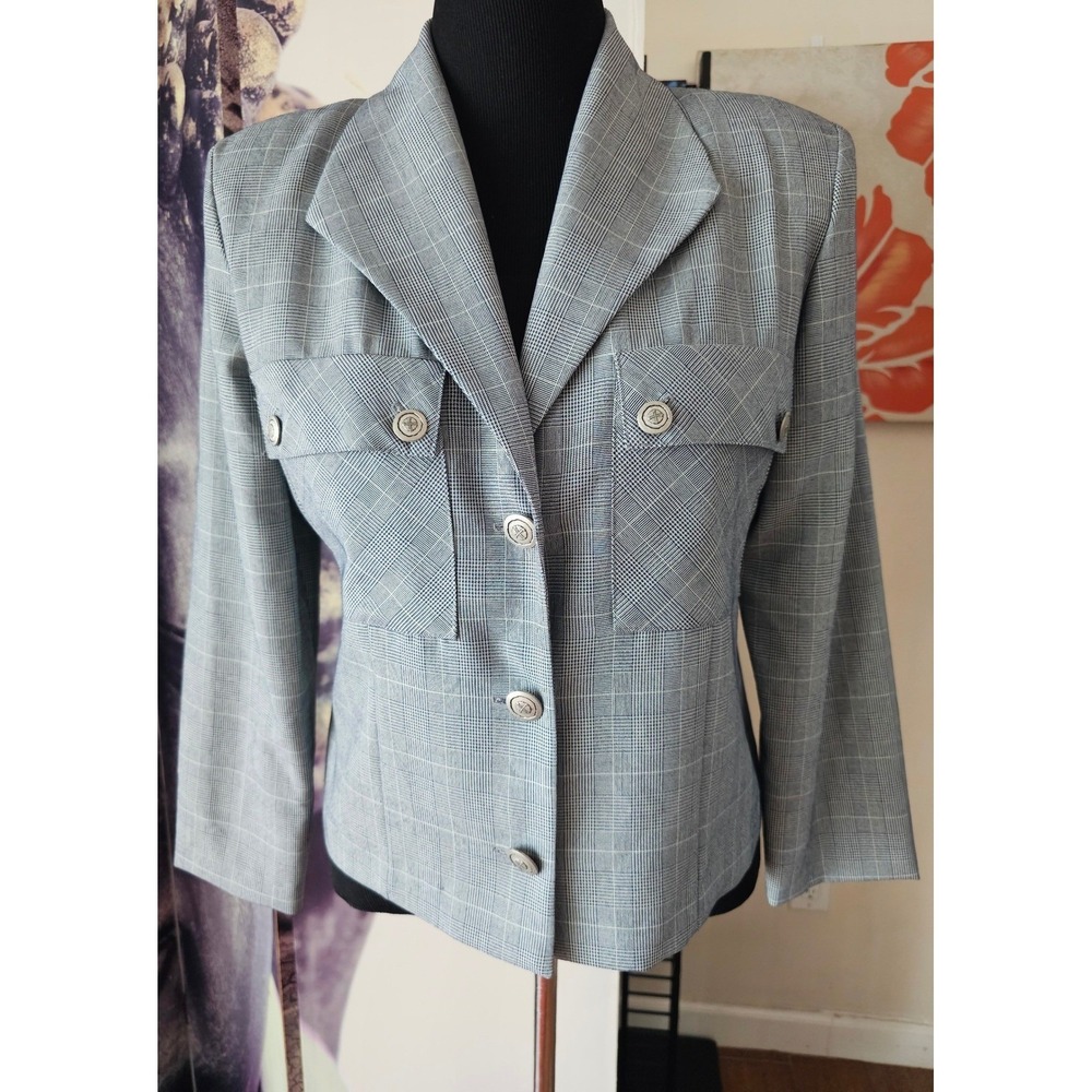Maren Womens Grey Glen Plaid Cropped Blazer Jacket Silver Crest Buttons Size M‎